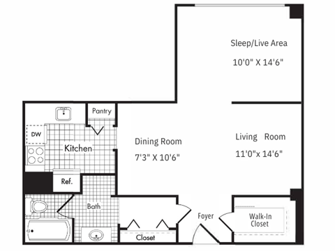 A floor plan of an apartment home studio with a sleep/live area, kitchen, dining room, living room, bath, foyer, and closet.